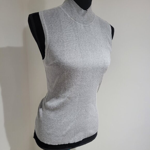 Tahari Knit Sleeveless Ribbed Mock Neck Sweater Size L Gray Stretch Minimalist - Picture 2 of 9